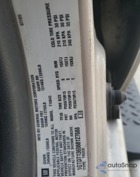 2006 GMC Canyon z USA, uszkodzony, nr VIN 1GTDT136568127688